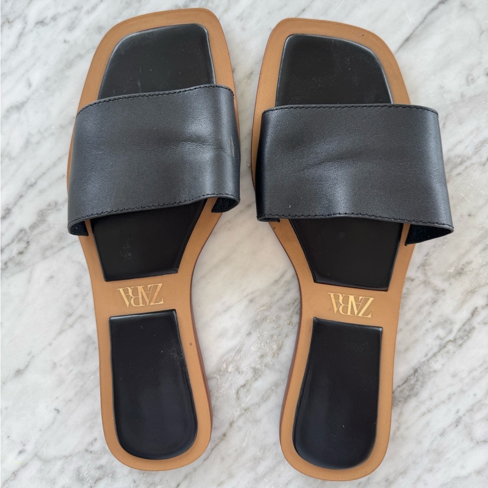 Zara Black Leather Slide Sandals 38